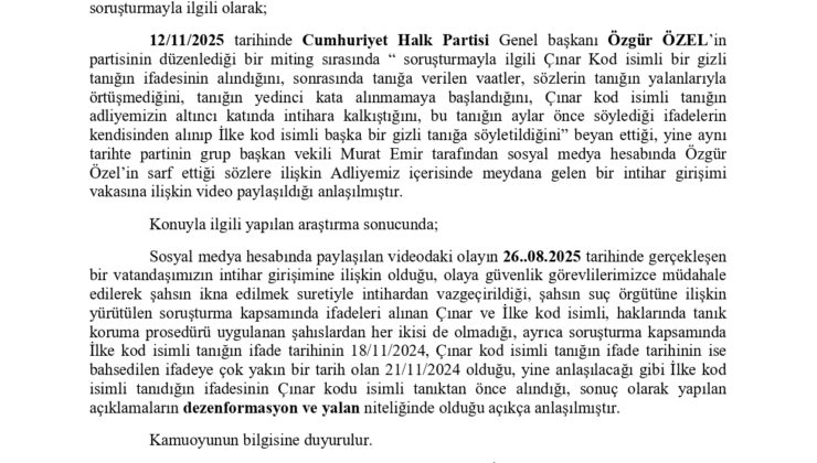 Özgür Özel’in Gizli Tanık İddialarına Başsavcılıktan Net Yanıt: Açıklamalar Dezenformasyon ve Yalan Niteliğindedir